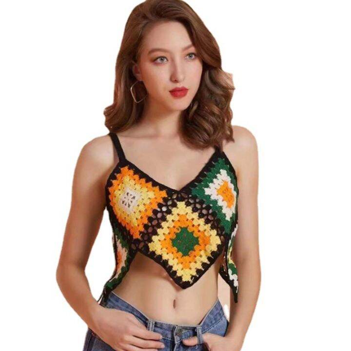 ผู้หญิง-boho-โครเชต์ถักแขนกุด-camisole-multicolor-rhombus-ลายสก๊อตเซ็กซี่-v-คอ-crop-top-ไม่สม่ำเสมอ-hem-slim-beach-vest