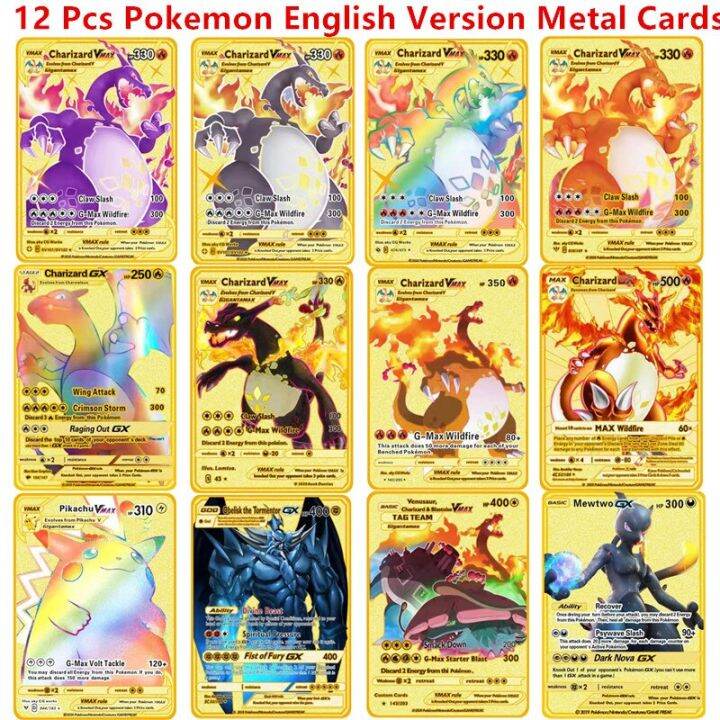 6-12 Pcs/Set Pokemon Metal Card English Spanish Version Anime Figure ...