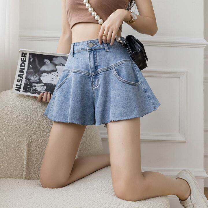 summer-fashion-elegant-temperament-design-flared-skirt-loose-high-waist-wide-leg-ruffle-denim-shorts-female-trend-street-style