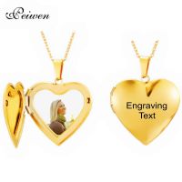 Custom Photo Name Necklace Stainless Steel Heart Locket Engraving Name Date Gold Necklaces For Women Men Choker Neck Jewelry