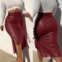 Faux PU Leather Midi Skirt Womens High Waist Button Trim Solid Color Slit Bodycon Pencil Skirt with Belt