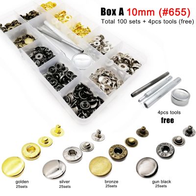 60100 sets #655 10mm #633 12.5mm #831 #201 15mm Metal No Sewing Snap Fastener Button Press Popper Assortment Kit Box with Tools