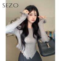 SEZO เสื้อสเวตเตอร์แขนยาวพู่สั้นไม่สม่ำเสมอสำหรับผู้หญิง