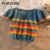 PEAR DODO เสื้อแขนสั้นลายทางแบบเกาหลีสำหรับผู้หญิงแผงไฟตรงกันข้ามสไตล์เกาหลี