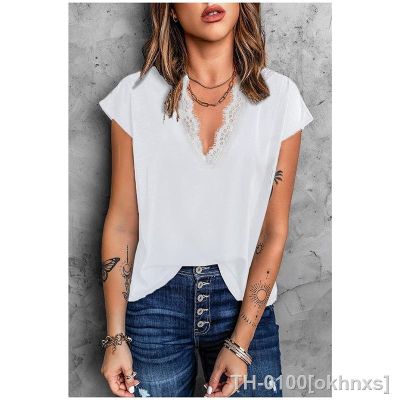 ✚✽❁ Branco chiffon t-shirt solto v-neck curto verão 2023