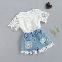 Fashion Infant Newborn Baby Girls Summer Clothes Sets White Lace Flowers Bodysuits Top Elastic Denim Shorts 2PCs Outfits