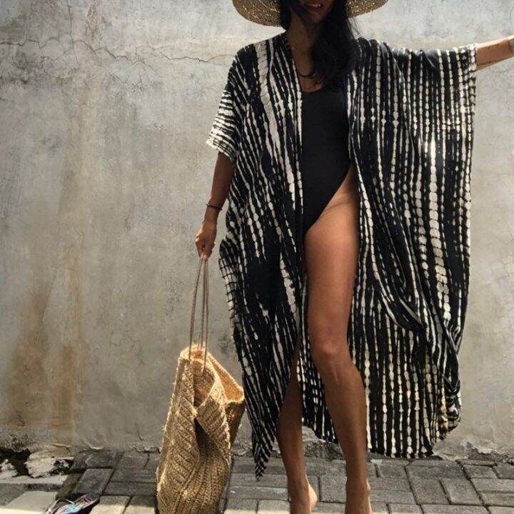 youyo-women-summer-swimsuit-bikini-cover-up-3-4-sleeves-tie-dye-striped-printed-open-front-kimono-cardigan-belted-waist-maxi-long-blouse-beachwear