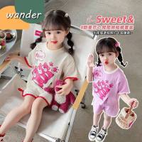 WANDER ชุดเช็ตเด็กผญ จั้มสูทแขนสั้นเจ้าหญิงน้อย ลายการ์ตูนหมีสตอเบอรี่น่ารัก Set2ชิ้นเสื้อยืดสไตล์เกาหลี23628