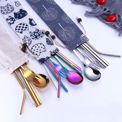 Stainless Steel Dinnerware Set Scoop Fork Chopsticks Straw Cutlery Set Portable Travel Tableware Rainbow Cutlery With Pouch Flatware Sets