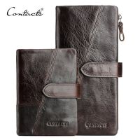 ZZOOI CONTACTS Genuine Crazy Horse Cowhide Leather Men Wallets Fashion Purse With Card Holder Vintage Long Wallet Clutch Wrist Bag