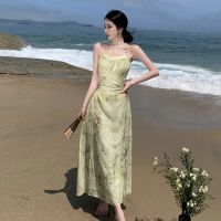 Senior feeling temperament gentle wind dew waist design feeling restoring ancient ways long skirt printed neck show thin straps dress woman