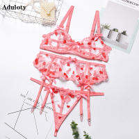 Aduloty Womens Underwear Thin Heart-Shaped Polka Dot Transparent Temptation y Lingerie Underwire Bra Garter Belt Set