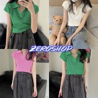 Zero shop?พร้อมส่ง? (Zero-8K53) เสื้อไหมพรมแขนกุด คอปกสีพื้นผ้าร่องน่ารักใส่สบาย