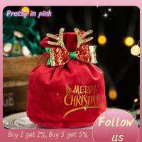 PRETTY IN PINK 1 2PCS ซานต้าซานต้า ถุงของขวัญ กับเขากวาง โบว์น๊อต กระเป๋าแอปเปิ้ล ของใหม่ ชุดปักเลื่อม กระเป๋าถือลูกอมลูกอม สุขสันต์วันคริสต์มาส