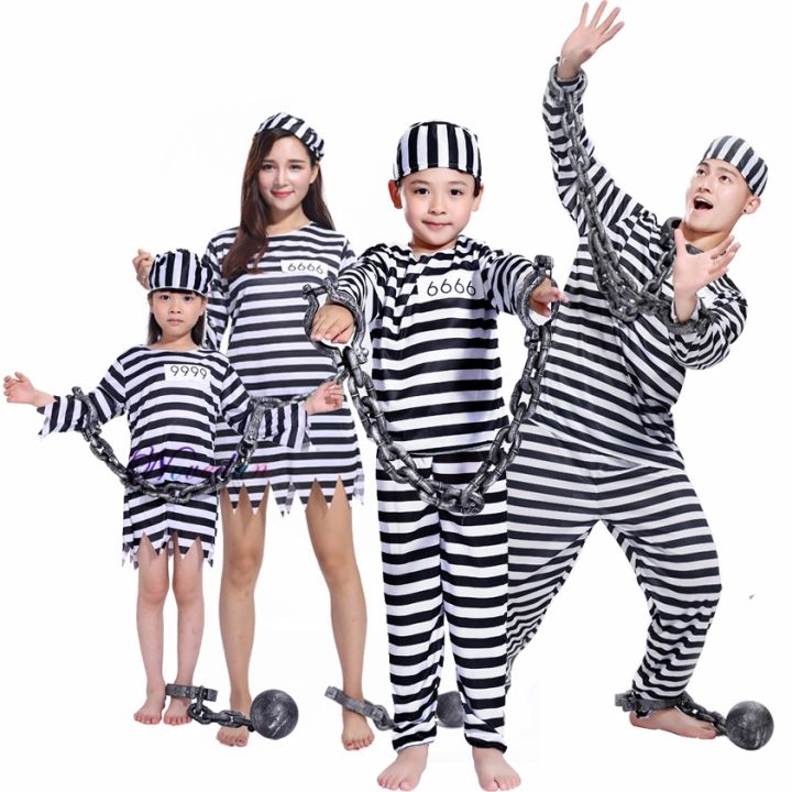 ชุดชุดแต่งกายนักโทษนักโทษลายทางสำหรับผู้ใหญ่เสื้อผ้าคอสเพลย์ครอบครัวชุดเข้ากันสำหรับงานปาร์ตี้ฮา