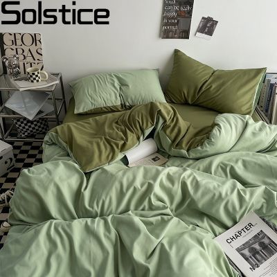 Solstice ชุดเครื่องนอนเตียงแฝดผ้าปูเตียงสำหรับวัยรุ่นเด็กผ้าลินินสีเขียวอ่อนทึบปลอกหมอนผ้าปูเตียงแบนห้องนอนปลอกผ้านวม