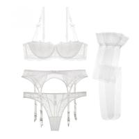 2021Varsbaby Women 4 Pcs Sexy Lace Half-Cup Thin Underwear Embroidery Brassiere Gather Bra+Thong+Belt+Stockings Lingerie Sets