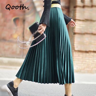 【CW】 Qooth High-waisted Pleated Skirt Fashion Skirts Metallic Color QH1681