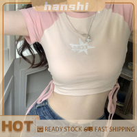 hanshi [2023 new HOT FASHION] lazlook เสื้อยืดแขนแร็กแลนเข้ารูปพิมพ์ลายวินเทจสำหรับผู้หญิงเสื้อครอปแขนกลมสีตัดกันสำหรับฤดูร้อน