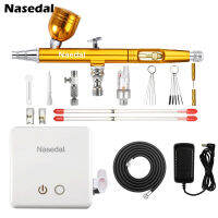 Nasedal แอร์บรัชสีทองชุดเครื่องอัดอากาศสีขาวขนาด0.3มม. เครื่องพ่นสีแบบแอ็คชั่นคู่สำหรับพู่กันทำเล็บโมเดลเค้กรถรองเท้าปลาภาพวาด