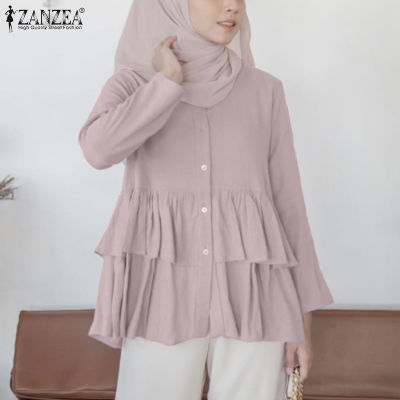 (สินค้ามาใหม่)(จัดส่งฟรี)Fancystyle ZANZEA เสื้อผ้ามุสลิมสำหรับผู้หญิง,เสื้อแขนยาวชั้นแบบเรียบง่ายมีกระดุม