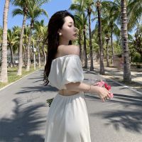 The sea a word shoulder dress female summer new French design of small white temperament gentle skirt