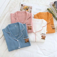 Spot parcel post Couple Little Bear Crepe Pajamas Spring, Autumn and Summer New Washed Cotton Loose Cardigan Long-Sleeve Suit Simple Homewear