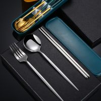 Cutlery With Box Holder Dinnerware 304 Stainless Steel Spoon Fork Chopsticks Set Travel Tableware Kitchen Accessories3PCS/Set Flatware Sets