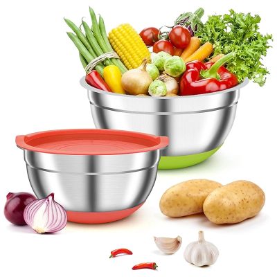 2 Pack Mixing Bowls with Airtight Lids, Colorful Stainless Steel Metal Nesting Bowls for Kitchen, Non-Slip Silicone