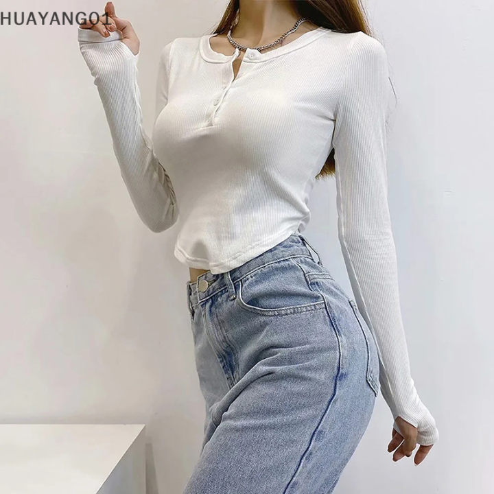 huayang01เสื้อยืดผู้หญิงแขนคอกลมยาว-ใหม่2023แฟชั่นฤดูร้อนเสื้อยืดสลิมติดกระดุม