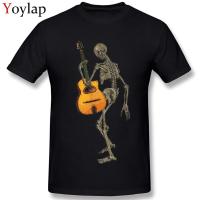 Summer Mens T-shirts Short Sleeve Tops &amp; Tees Cotton Round Neck Anti-pilling Clothes Skeleton With Gypsy Jazz Guitar Print XS-4XL-5XL-6XL