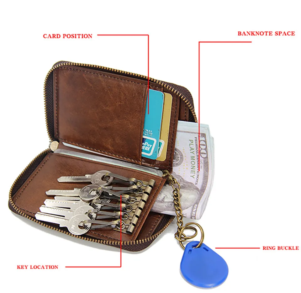 Genuine Leather Key Holder Bag with 2 Card Slot & 6 Hooks & 1 Access Card,Key Case Car Key Holder Wallet for Men Women