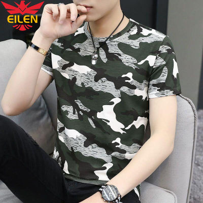 เสื้อยืดฤดูร้อนแขนสั้น EILEN เสื้อยืดลายพรางคอกลมสำหรับผู้ชาย MODE Korea เยาวชนพิมพ์ลายขนาดใหญ่