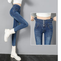 Elastic waist womens pants 2022 spring autumn breasted button high waist stretch skinny jeans womens Korean denim pant