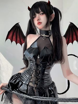 Sexy Imp Role-Playing Dress Set Women Role-Play Costumes Halloween Party Dresses Pu Latex Lingerie Japanese Animation Underwear