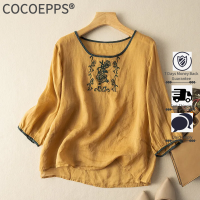 COCOEPPS เสื้อเชิ้ตแขนยาว7ส่วนสำหรับผู้หญิง,เสื้อเสื้อปักลายฝ้ายลินินสไตล์ย้อนยุคและวรรณกรรมเสื้อสีบางๆเข้ากันกับสไตล์จีน