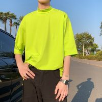 เสื้อยืดโอเวอร์ไซส์ผู้ชายสีทึบชายแนวสตรีทแบบญี่ปุ่นเสื้อยืดคอเต่าเสื้อยืด2023ฮิปฮอปแขนลำลองขาสั้น