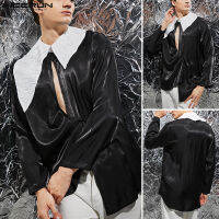 Beehoo INCERUN Mens Vintage Long Sleeve Irregular Collared Hippy Shirts Hollow Out Party Blouse (สไตล์ตะวันตก)