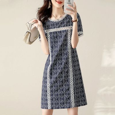 Summer Women New Korean Cutout Simple Fashion Lace Patchwork Dress Lotus Leaf Neck Printed Short Sleeve Elegant Chic Mini Dress