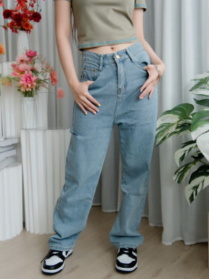 KSTYLE4U กางเกงยีนส์ขายาว แต่งขาดด้านข้าง #1004 กางเกงยีนส์ กางเกงผู้หญิง กางเกงขากระบอก กางเกงเอวสูง
