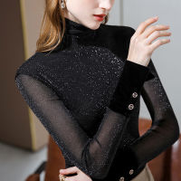 Turtleneck Bottoming Shirt Women Autumn and Winter Style Mesh y Stretch Long-sleeved T-shirt Stitching Velvet Glitter Top