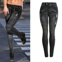 Motorcycle Biker Zip Jeans Woman Stretch Denim Skinny Pants Motor Jeans For Women Black