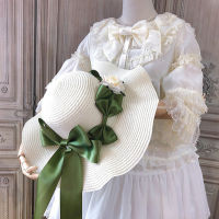 French Vinatge Sweet Lolita Straw Hat Elegant Princess Tea Party Beach Cap Mori Girl Big Bow Flower Sun hat Headdress Handmade