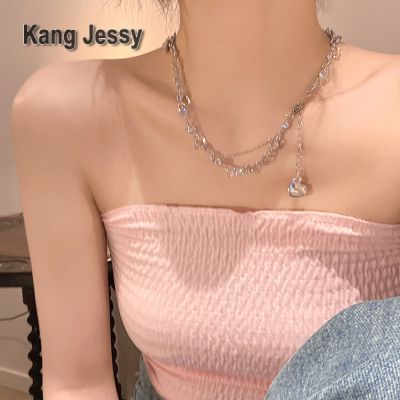 Kang Jessy สร้อยคอเหล็กไททาเนียมทรงรักซ้อนกันสำหรับผู้หญิงการออกแบบระดับไฮเอนด์ที่มีเอกลักษณ์เฉพาะสไตล์เย็นหวานและเย็นพู่เพทายโซ่ไหปลาร้าสร้อยคอ