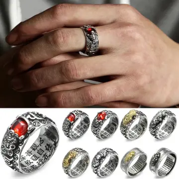 Dragon Adjustable Sterling Silver Mens Ring, Traditional Chinese Medit