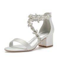 ☌❀▦ Block Heels Satin Crystals Wedding Sandals for Bride Open Toe Zipper Back Mid Heels Formal Party Dress Sandals Summer