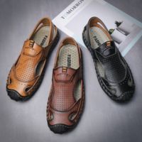 【CW】 New Men Leather Sandals Classic Hollow Roman Platform Shoes Outdoor Breathable Men  39;s Beach