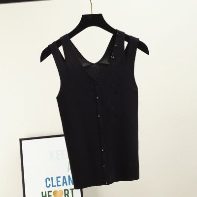 Plain Backless Thin Knitted Women Cardigan Tanks Summer Hollow Sleeveless Button Off Shoulder Tops