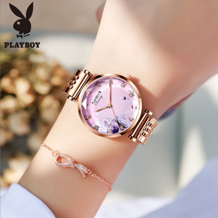 playboy-ชุดนาฬิกาสำหรับผู้หญิง-นาฬิกาข้อมือประดับพลอยเทียมหน้าปัดสีม่วงหรูหรากันน้ำสายสแตนเลส
