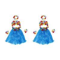 12 Set Hawaiian Grass Skirt Flower Hula Lei Wristband Garland Fancy Dress Costume - Blue